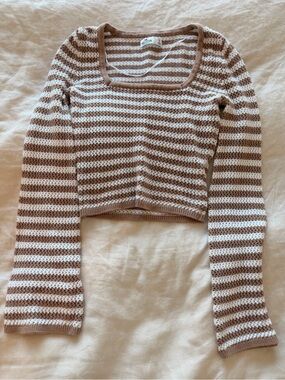 Hollister Beige & White Striped Cropped Square-Neck Sweater